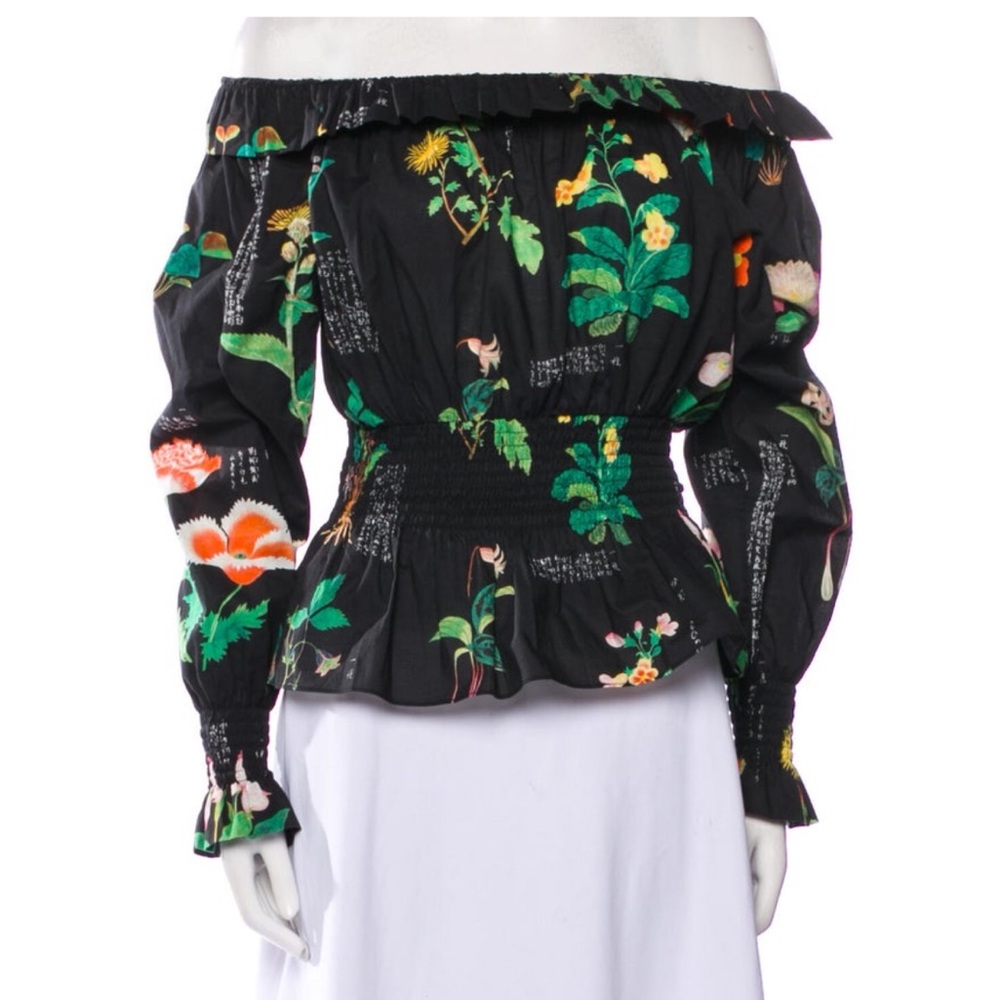 Adam Lippes Black Floral Cotton Off Shoulder Blouse, M